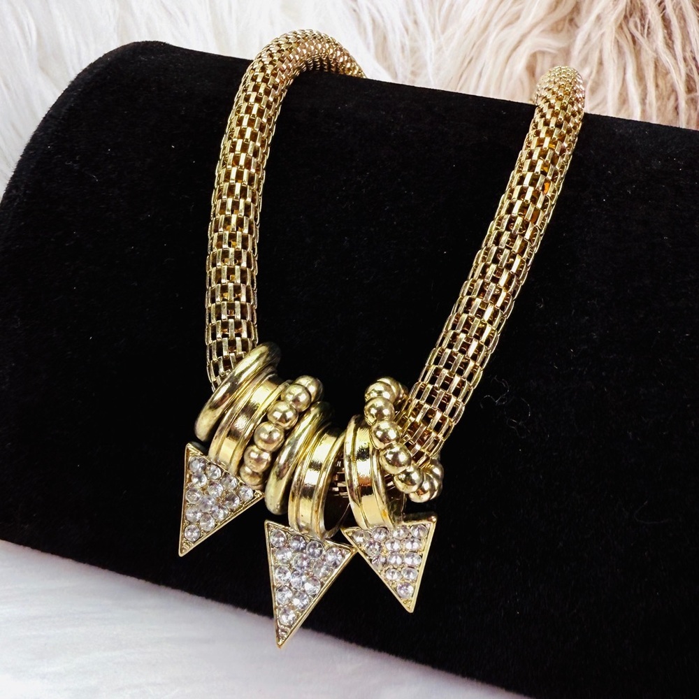 Gold Tone Mesh Necklace with Rhinestone Triangle Charms